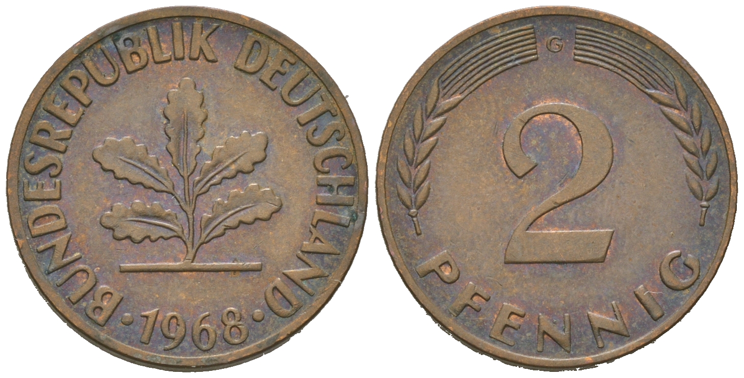 ФРГ 2 пфеннига 1968 G, из ролла J 381, KM 106 бронза  aUNC  M33-05