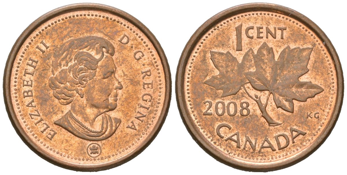 Канада 1 цент 2008 Leaf, Елизавета II (1952-2022), кленовый лист KM 490a сталь плакированный медью aUNC 4385-652
