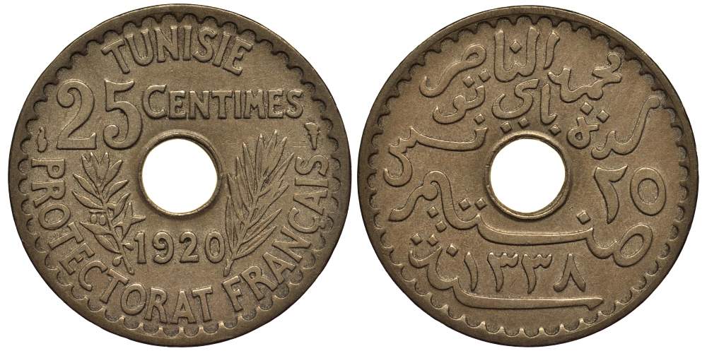 Тунис 25 сантимов 1920 АН1338, Мухаммад V ан-Насир, французский протекторат KM 244 никель бронза 4182-1151