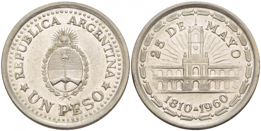 Аргентина 1 песо 1960 150 лет свержения Испанского вице-короля (1810-1960) KM 58 сталь плакированная никелем 4548-345