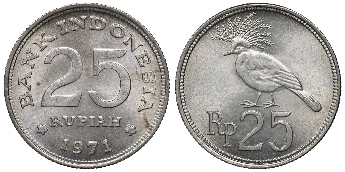 Индонезия 25 рупий 1971 год тип, венценосный голубь KM 34 медно-никель aUNC 4118-145
