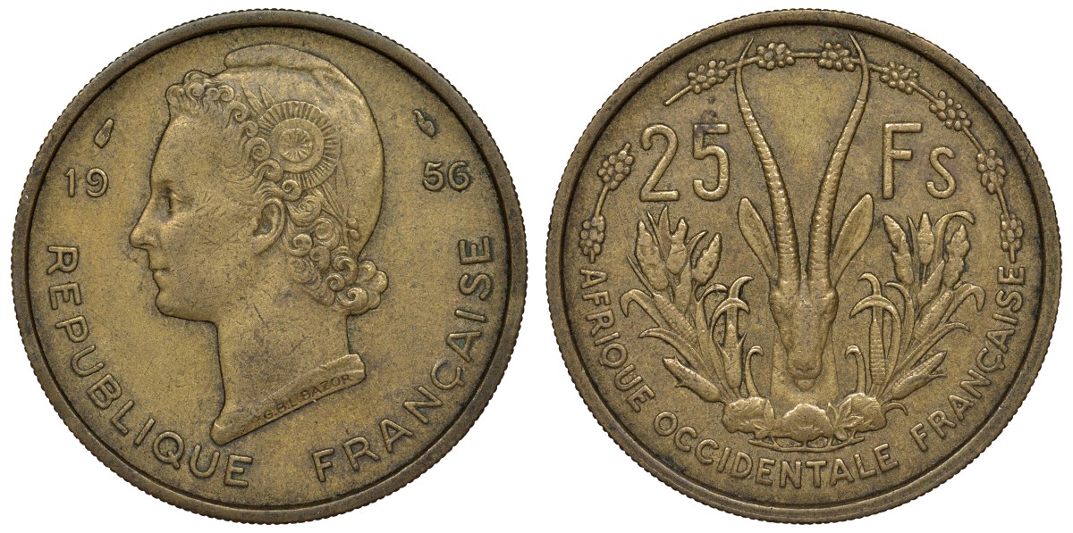 Французская Западная Африка 25 франков 1956 антилопа KM 7 алюминиевая бронза 4123-243