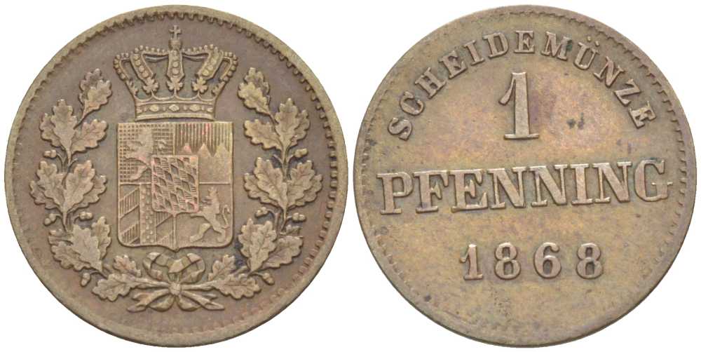 Бавария 1 пфенниг 1868 Людвиг II (1864-1886) КМ 471, Jaeger 91 AKS 185 медь 201-256