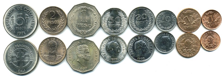 Колумбия лот из 8 монет 1963-1988 5, 2, 1 песо, 50, 20, 10, 5, 1 сентаво UNC 00-00
