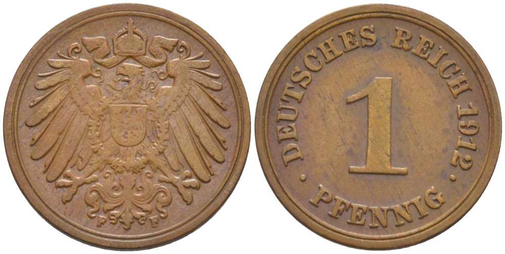 ГЕРМАНИЯ 1 ПФЕННИГ 1912 F KM 10, J. 10, Weege 2 медь 206-416