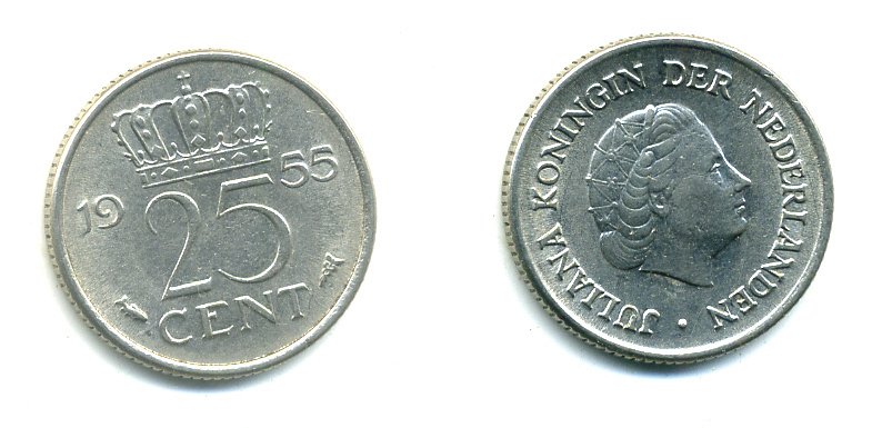 Нидерланды 25 центов 1955 Юлиана (1949-1980) KM 183 никель 76-363