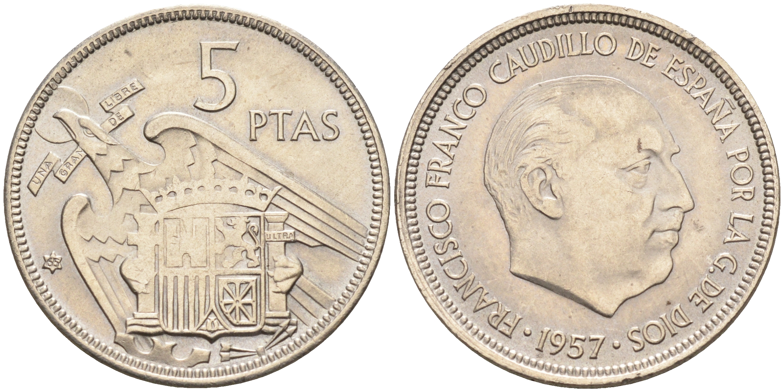 Испания 5 песет 1957 (65) Франсиско Франко (1939-1975) KM 786 медно-никель  UNC  4595-1022