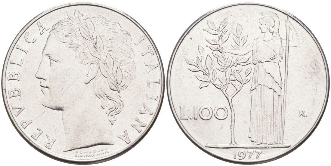 ИТАЛИЯ 100 ЛИР 1977 R , АФИНА KM 96.1 нержавеющая сталь 3855-822