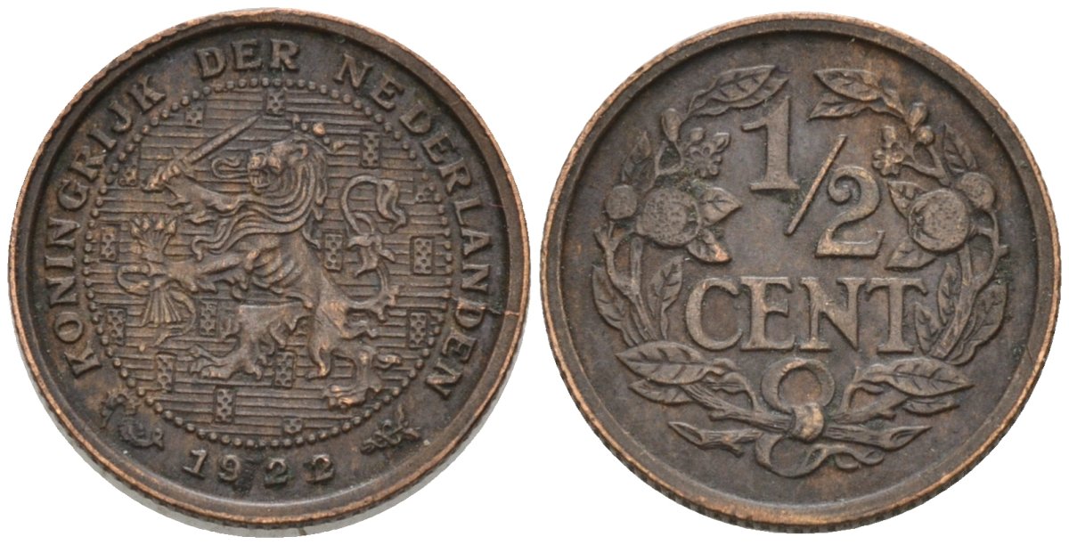 Нидерланды 1/2 цента 1922 Вильгельмина (1890-1948) KM 138 бронза 4576-427