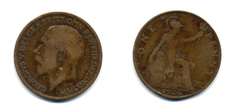 Великобритания 1 пенни 1920 Георг V (1910-1936) КМ 810, Spink 4051 бронза 47-413