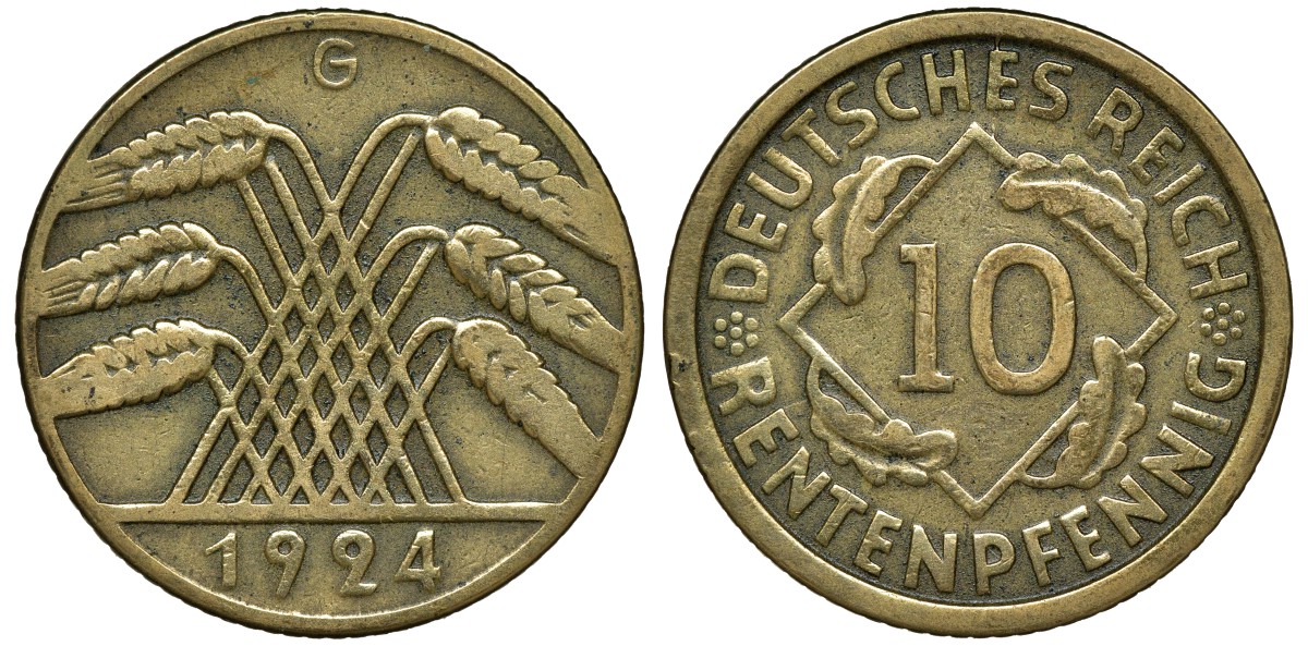 ГЕРМАНИЯ 10 РЕНТЕНПФЕННИГОВ 1924 G KM 33, J. 309, Weege 8 алюминиевая бронза 72-1533