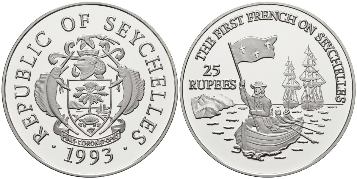 Сейшельские острова 25 рупий 1993 первые французы на Сейшелах, тираж 10000 экз. KM 69 серебро PROOF 1095-10-41