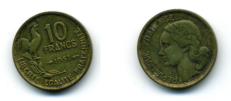 Франция 10 франков 1951 петух KM 915.1, Le Franc 363.4 алюминиевая бронза 84-553