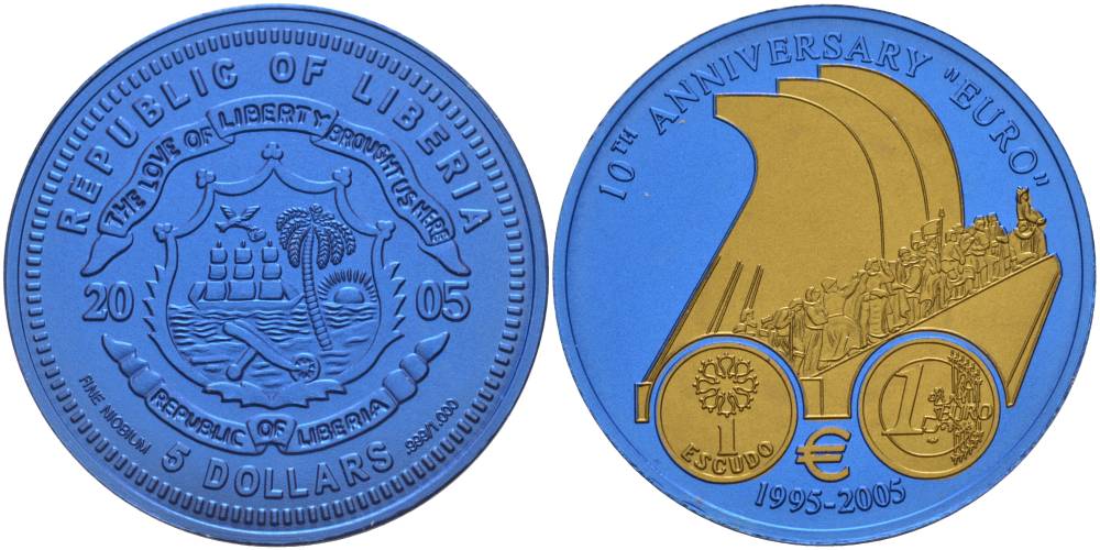 Либерия 5 долларов 2005 10 лет евро, страны еврозоны, Португалия, с сертификатом, би-колор (два цвета), вес 7,78 гр., диаметр 35 мм.  ниобий  UNC  1081-7-63