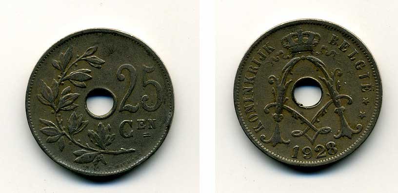 БЕЛЬГИЯ 25 САНТИМОВ 1928 BELGIE KM 69 медно-никель 41-914