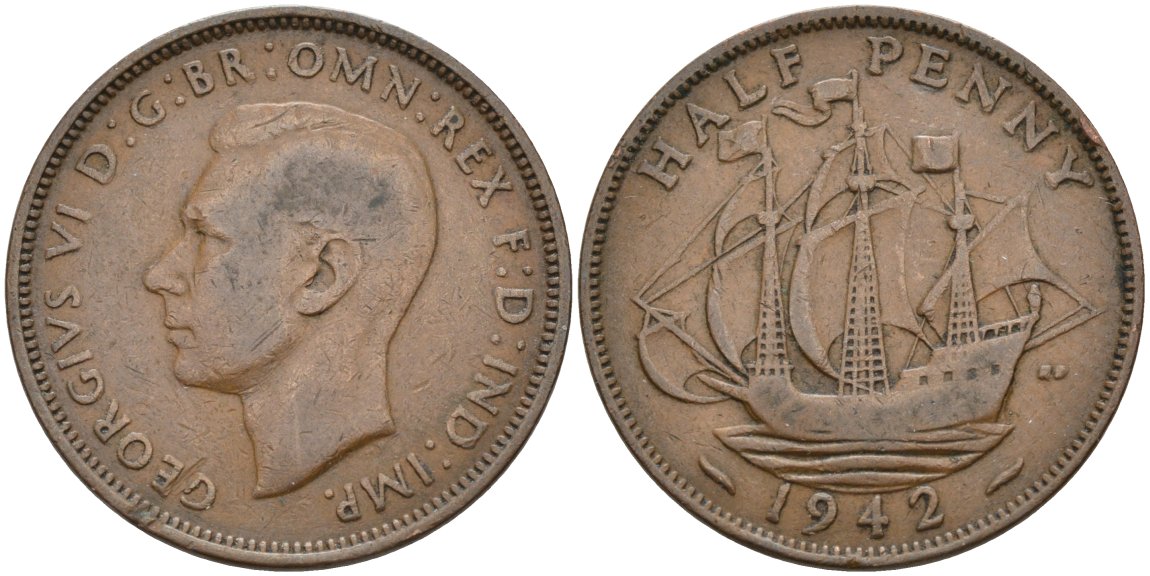 Великобритания 1/2 пенни 1942 Георг VI (1936-1952) KM 844, Spink 4115 бронза 190-746