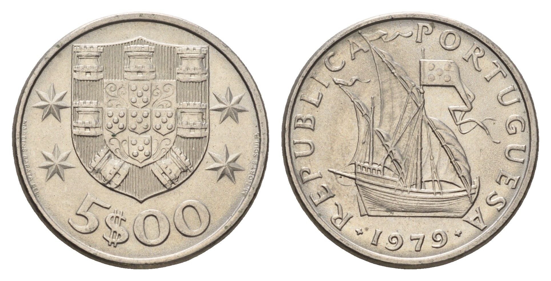 Португалия 5 эскудо 1979 парусник KM 591 медно-никель UNC 4707-236
