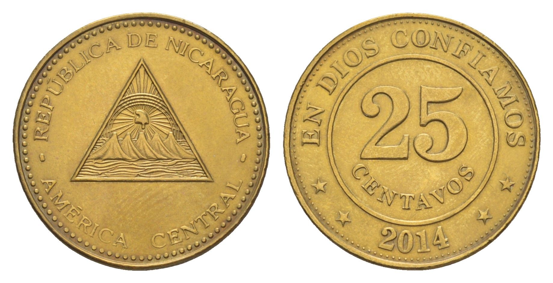 Никарагуа 25 сентаво 2014 KM 104 сталь плакированная латунью UNC 4641-321