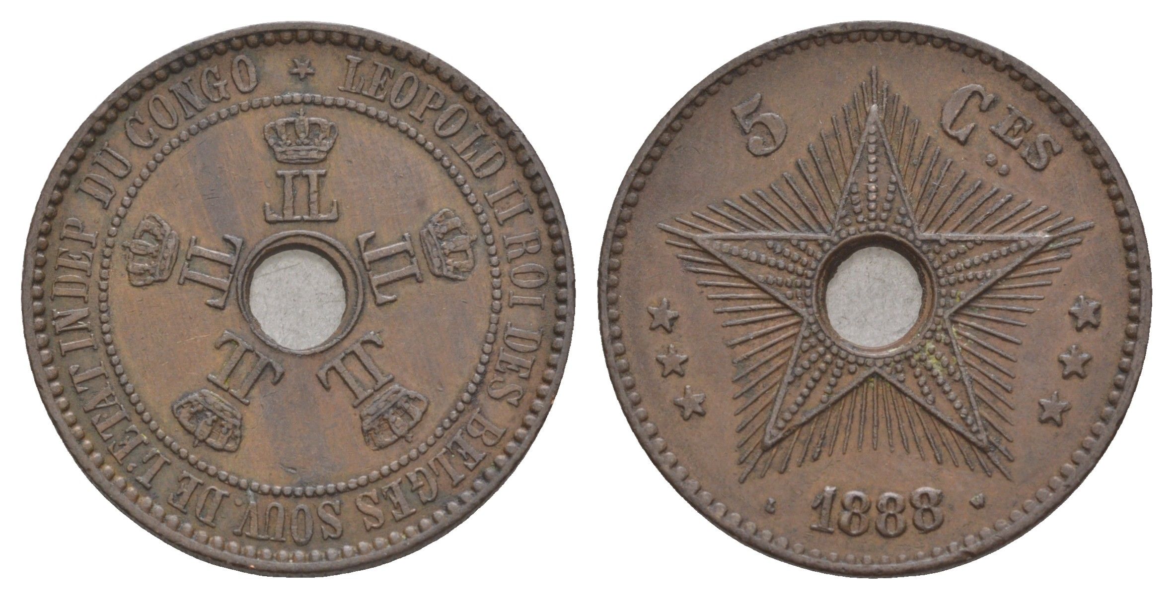 Бельгийское Конго 5 сантимов 1888 Свободное государство Конго, Леопольд II (1865-1909) KM 3 медь 1518-1224
