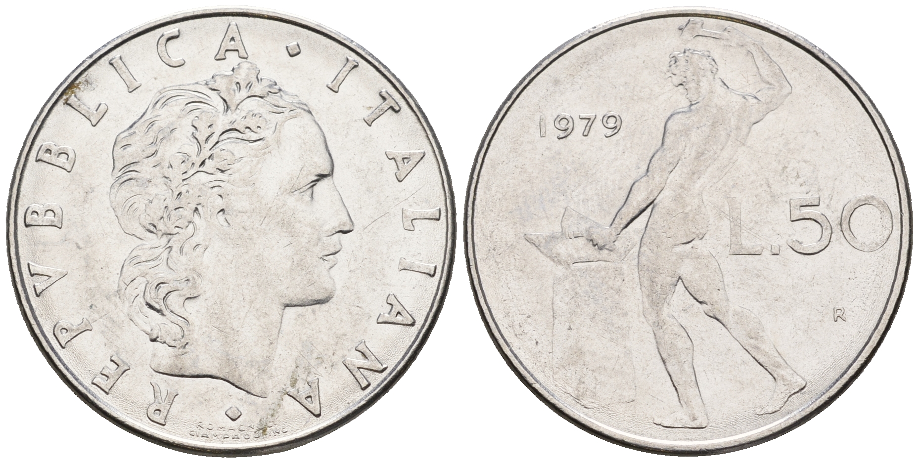 Италия 50 лир 1979 R, бог огня Вулкан у наковальни KM 95.1 нержавеющая сталь 259-137