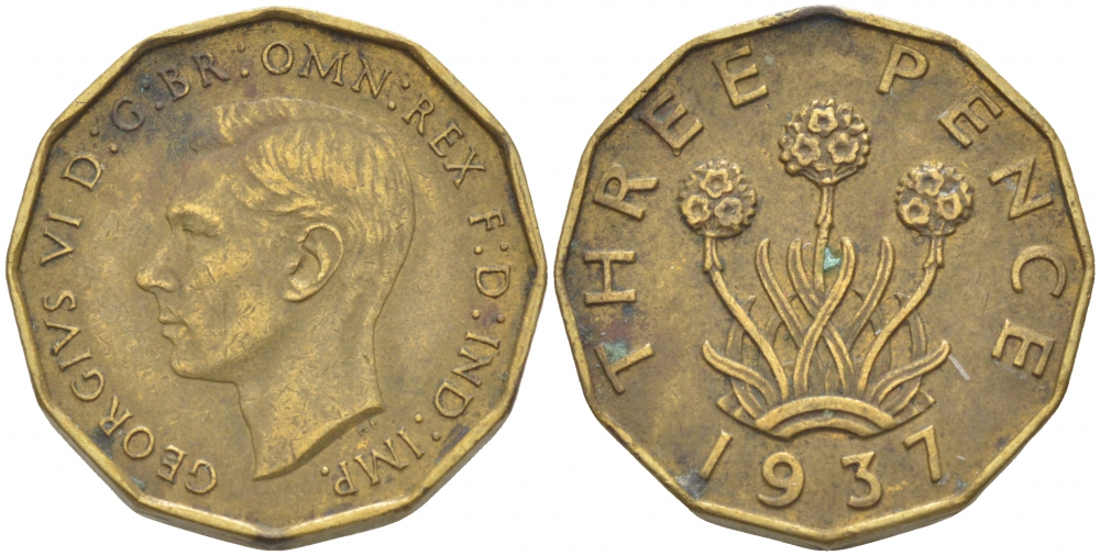 Великобритания 3 пенса 1937 Георг VI (1936-1952) KM 849, Spink 4112 никель латунь 212-1253