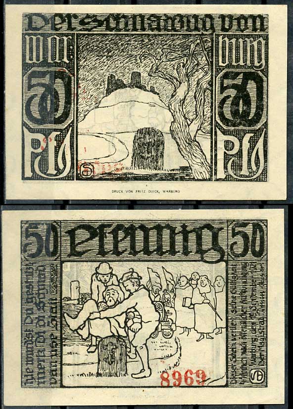 Германия, Варбург 50 пфеннигов 1921 нотгельд, 19.9.1921 Li.1341-2, M.1376.2a  бумага  UNC (пресс) 444-82-2-2