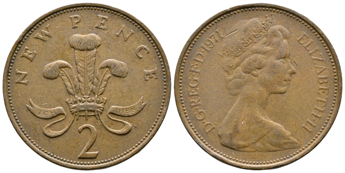 Великобритания 2 пенса 1971 Елизавета II (1952-2022) KM 916, Spink 4235 (C1) бронза 89-1154