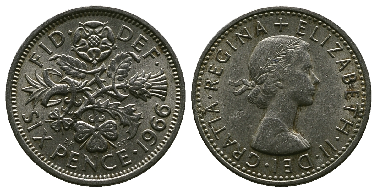 Великобритания 6 пенсов 1966 Елизавета II (1952-2022) KM 903, Spink 4149 медно-никель 4381-852