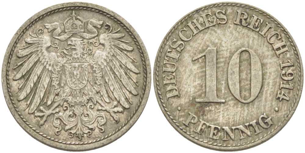 ГЕРМАНИЯ 10 ПФЕННИГОВ 1914 D KM 12, J. 13, Weege 8 медно-никель 212-312
