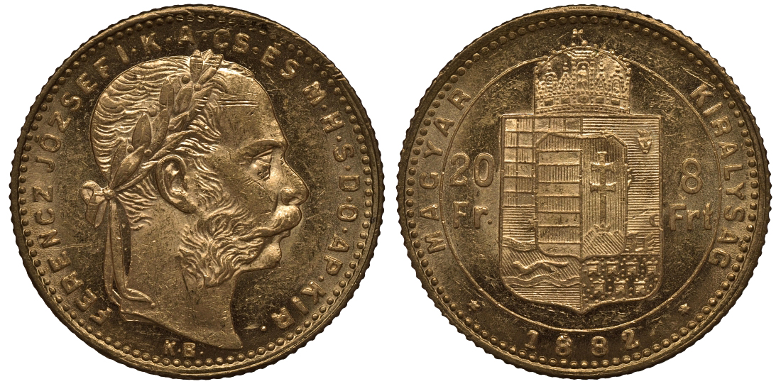 Венгрия 20 франков - 8 форинтов 1882 Франц Иосиф KM 467 золото UNC 00-000-00