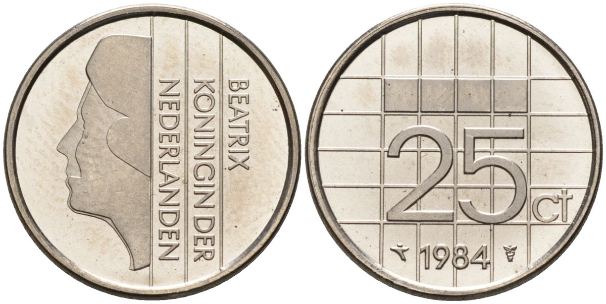 Нидерланды 25 центов 1984 Беатрикс (1980-2013) KM 204 никель UNC 4588-855