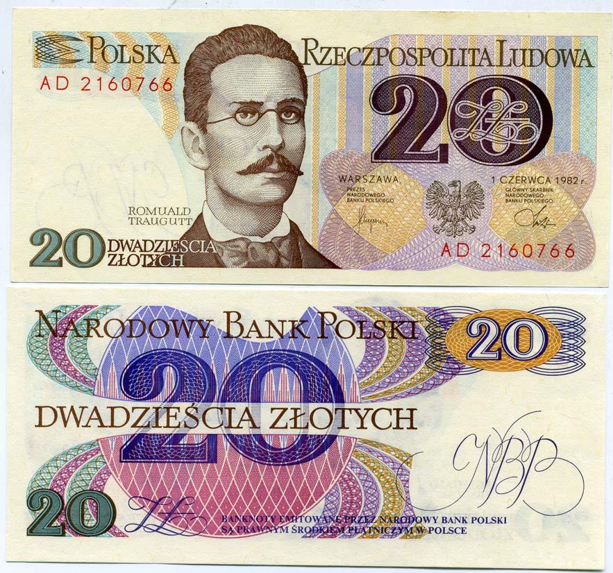 Польша 20 злотых 1982 Ромуальд Траугутт, в серии 2 буквы Pick 149 a (2) бумага UNC (пресс) 7147-30-2