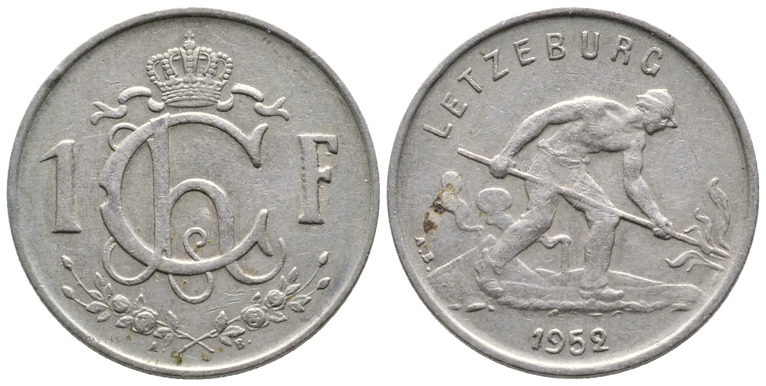 ЛЮКСЕМБУРГ 1 ФРАНК 1952 СТАЛЕВАР KM 46.2 медно-никель 53-1135