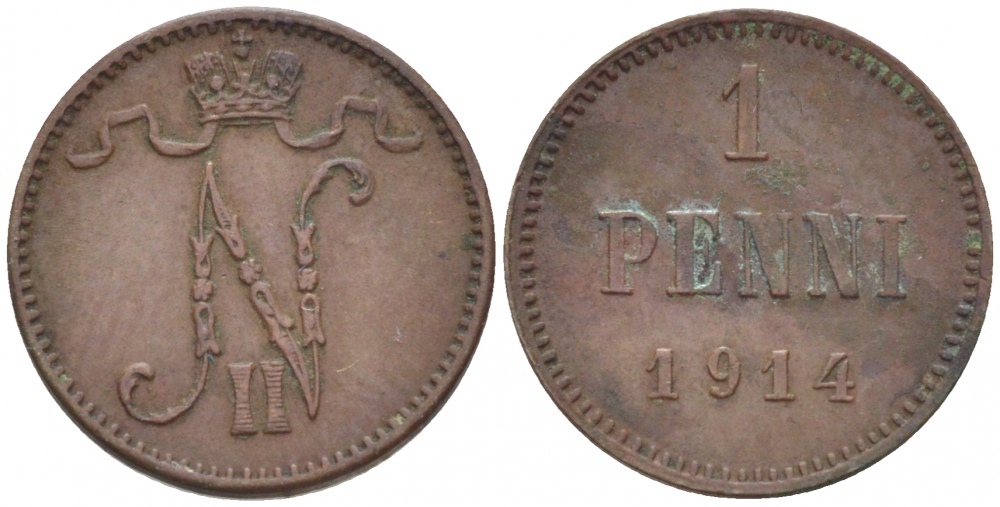 Россия для Финляндии 1 пенни 1914 Николай II (1894-1917) KM 13, Биткин 474 медь 261-1115