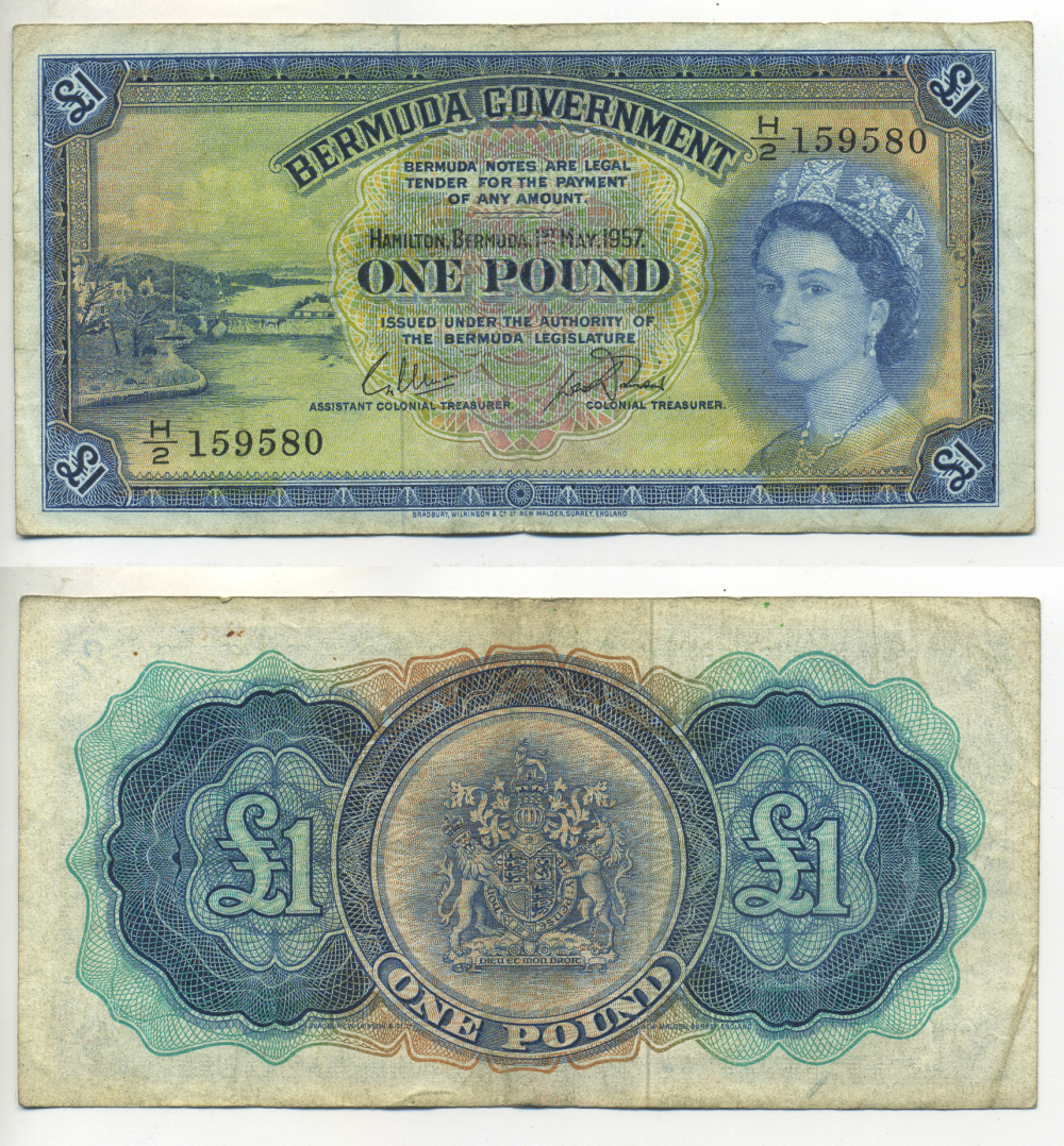 БЕРМУДСКИЕ ОСТРОВА 1 ФУНТ 1957 С ЗАЩИТНОЙ ПОЛОСОЙ Pick 20c бумага 7457-21-3