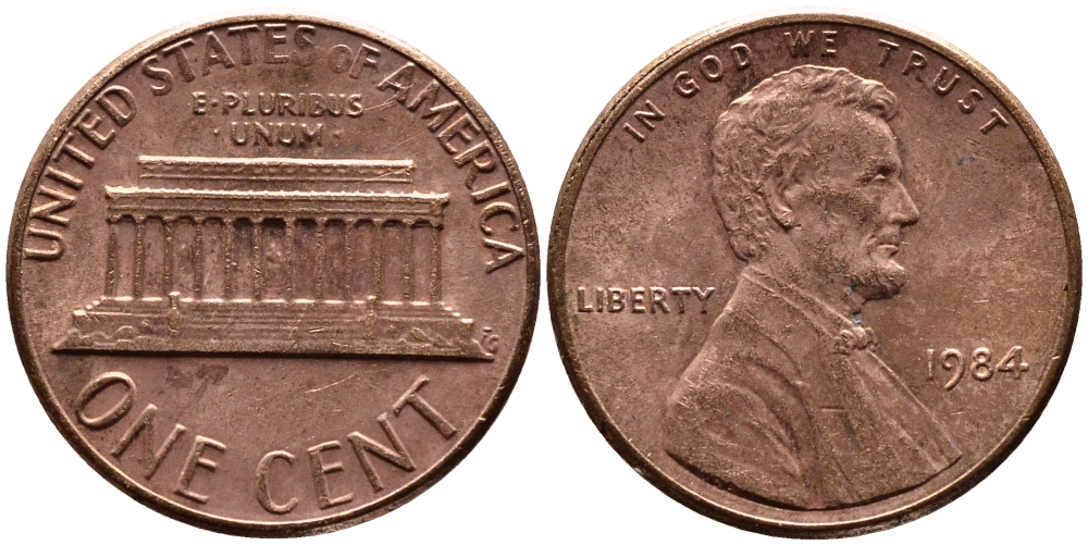 США 1 ЦЕНТ 1984 ЛИНКОЛЬН KM 201b цинк плакированный медью 4178-251
