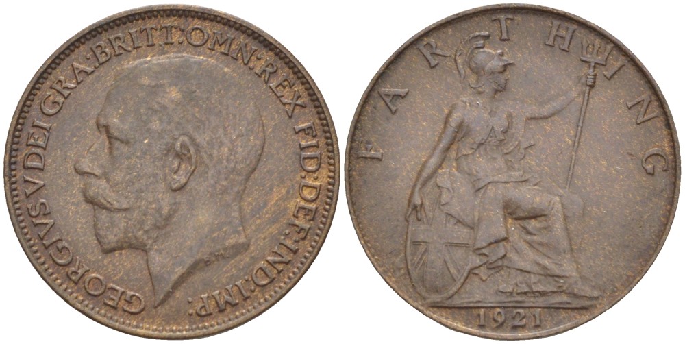 Великобритания 1 фартинг 1921 Георг V (1910-1936) KM 808.2, Spink 4060 бронза 4543-1021