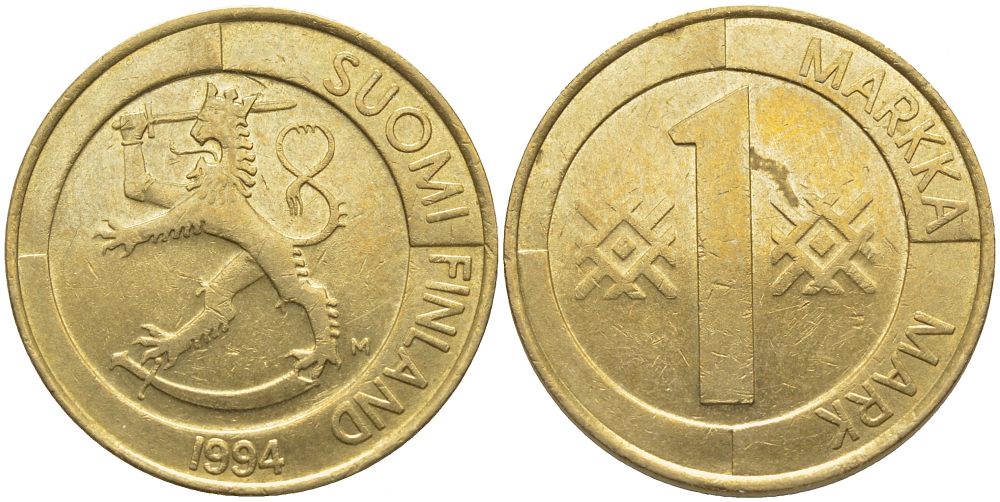 ФИНЛЯНДИЯ 1 МАРКА 1994 M KM 76 алюминиевая бронза 4448-354