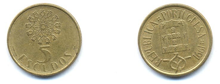 Португалия 5 эскудо 1991 KM 632 никель латунь 4379-1115
