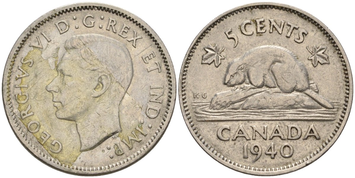 Канада 5 центов 1940 бобр, Георг VI (1937-1952) KM 33 никель 4605-714