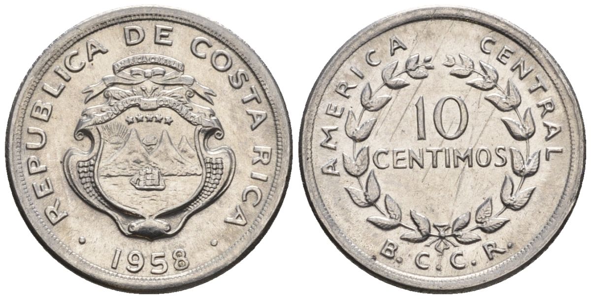 Коста-Рика 10 сентимо 1958  KM 185.1a сталь  UNC  4609-756