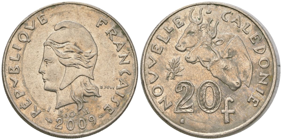 Французская Новая Каледония 20 франков 2009 три быка, (IEOM) KM 12a, Schoen 14a медно-никель 4137-122