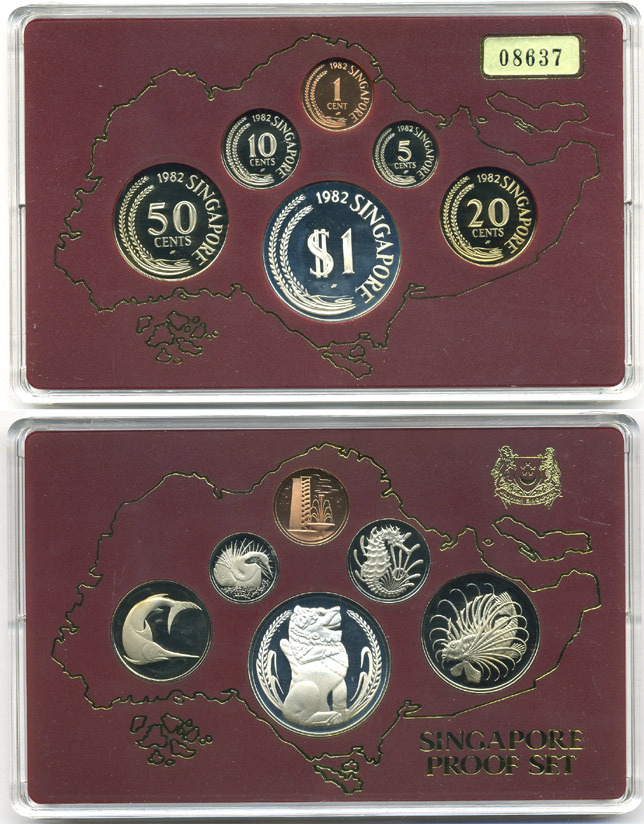 Сингапур набор из 6 монет 1982 официальный набор в оригинальной деревянной коробке, в пластике, с сертификатом KM PS15,  KM 1-5, 6a   PROOF  7-5-6-01