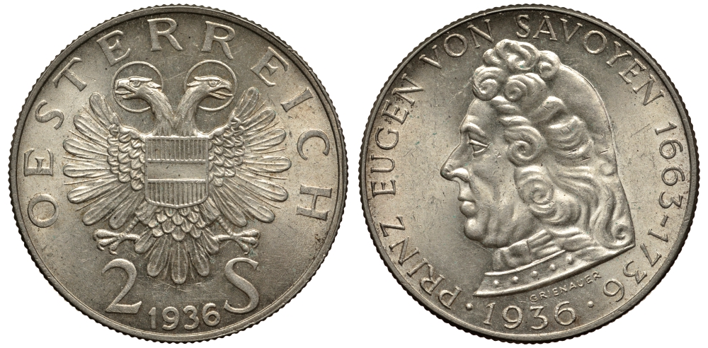 Австрия 2 шиллинга 1936 200 лет со дня смерти принца Евгения Савойского KM 2858 серебро 413-1834