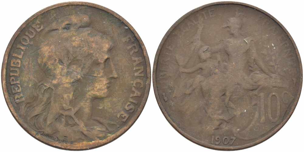 ФРАНЦИЯ 10 САНТИМОВ 1907 ТИП ДАНИЭЛЬ ДЮПЮИ KM 843, LA FRANC 136.17 бронза 109-232