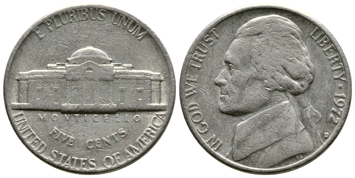 США 5 ЦЕНТОВ 1972 D, ДЖЕФФЕРСОН KM А192 медно-никель 73-1141