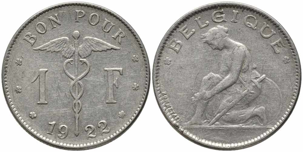 Бельгия 1 франк 1922 Belgique, Альберт I (1910-1934) KM 89 никель 4175-242