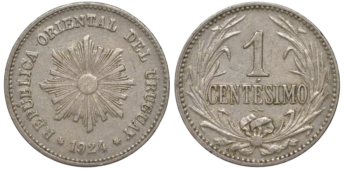Уругвай 1 сентесимо 1924 KM 19 медно-никель 99-724