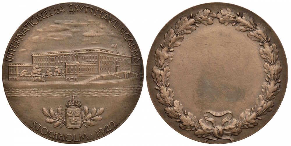 ШВЕЦИЯ МЕДАЛЬ 1929 ПЕРВЫЙ ЧЕМПИОНАТ МИРА ПО СТЕНДОВОЙ СТРЕЛЬБЕ В СТОКГОЛЬМЕ, ДИАМЕТР 45 ММ., ВЕС 37,95 ГР. бронза 06-273-44