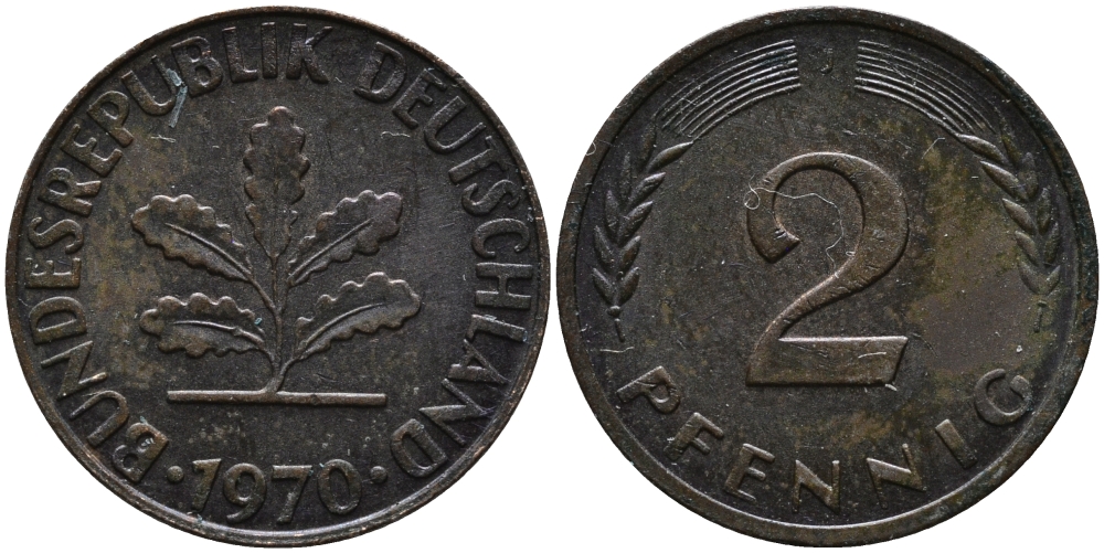 ФРГ 2 пфеннига 1970 J KM 106а, J.381а сталь плакированная медью 99-166